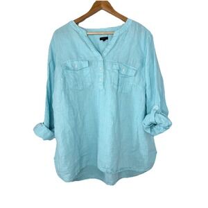 TALBOTS Top Womens 2XL  Blue Linen Roll Tab Sleeve Popover Shirt Coastal Classic